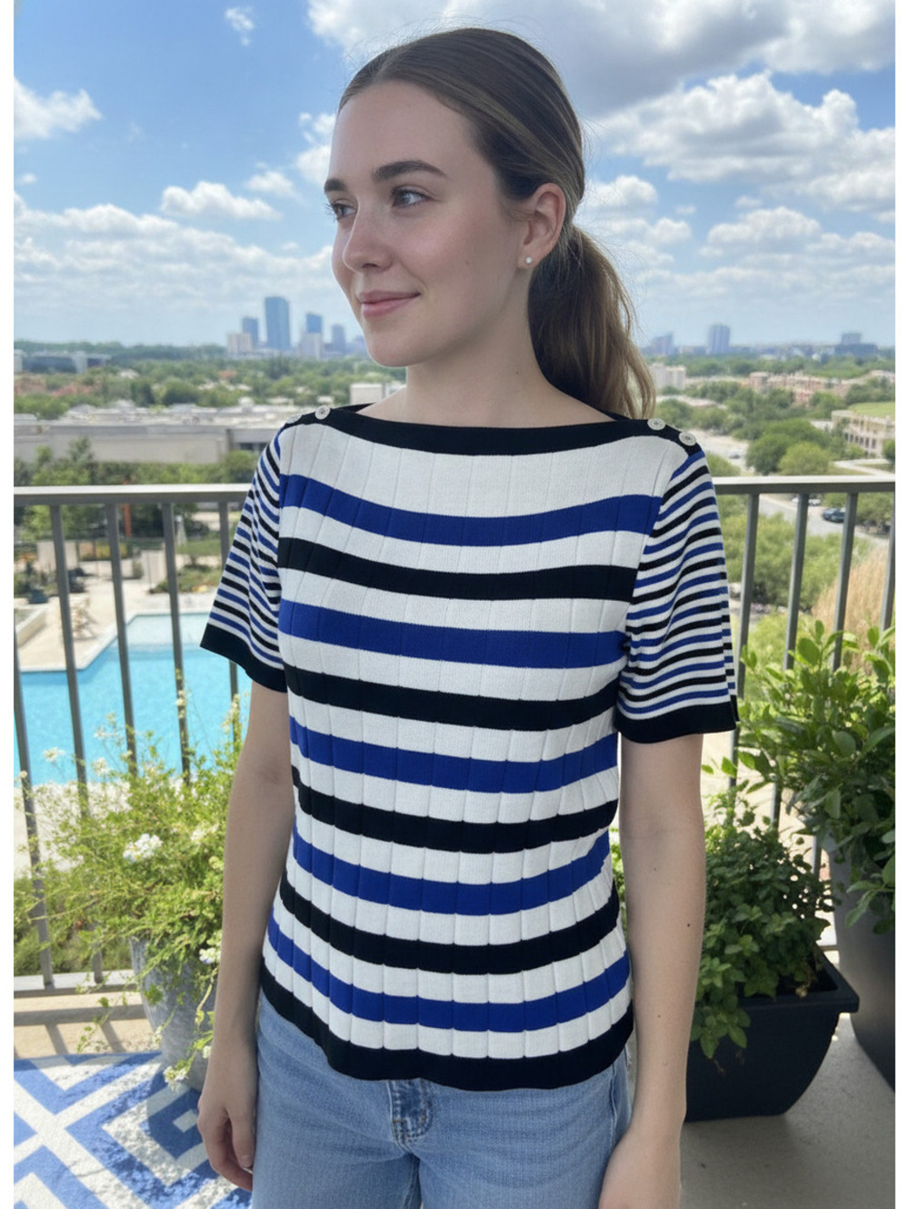 Ralph Lauren Striped Ribbed Knit Top with Button Detail